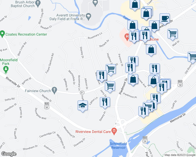 map of restaurants, bars, coffee shops, grocery stores, and more near 132 Martin Avenue in Danville