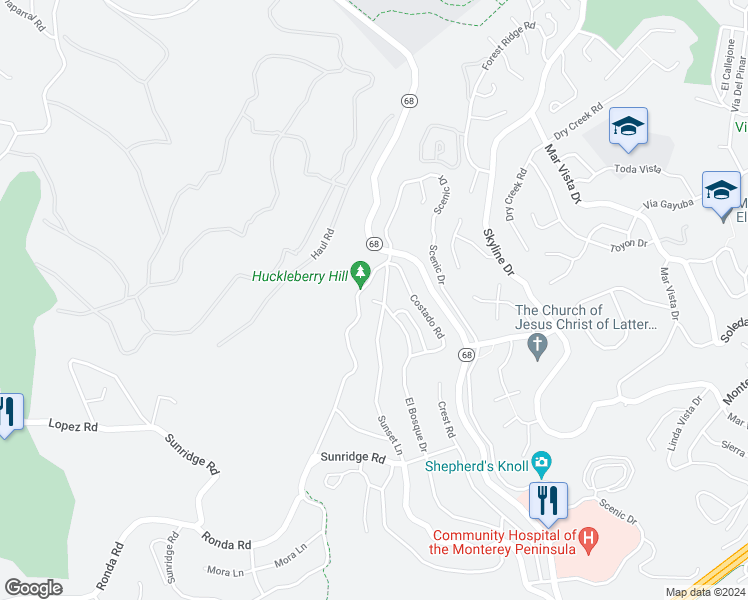 map of restaurants, bars, coffee shops, grocery stores, and more near 4016 El Bosque Drive in Del Monte Forest