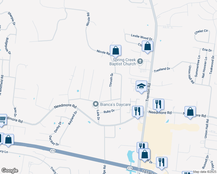map of restaurants, bars, coffee shops, grocery stores, and more near 2839 Thrush Drive in Clarksville