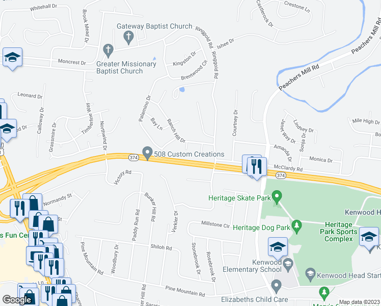map of restaurants, bars, coffee shops, grocery stores, and more near 1805 Pinto Court in Clarksville