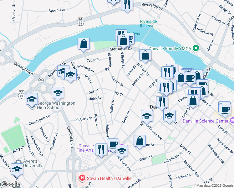 map of restaurants, bars, coffee shops, grocery stores, and more near 437 Gay Street in Danville