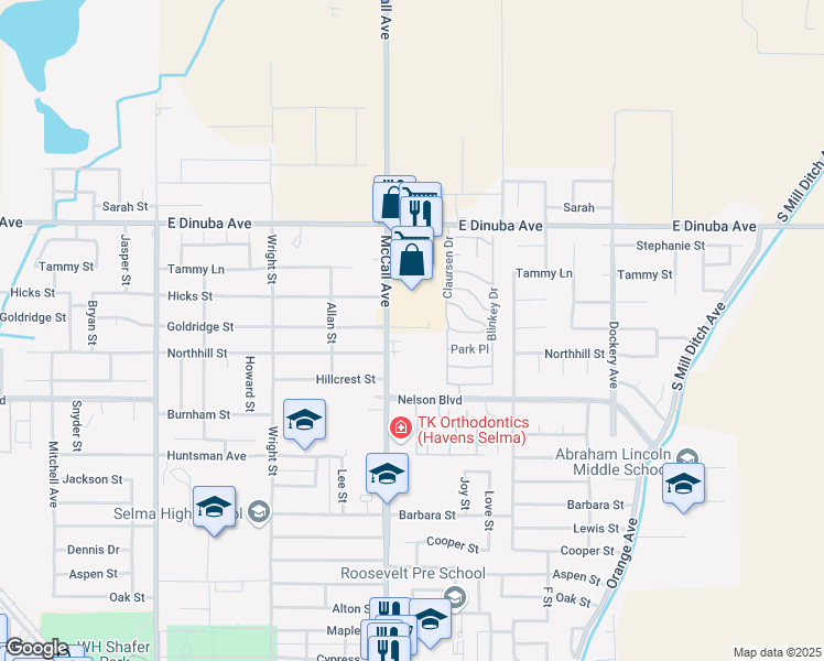 map of restaurants, bars, coffee shops, grocery stores, and more near 3700 McCall Avenue in Selma
