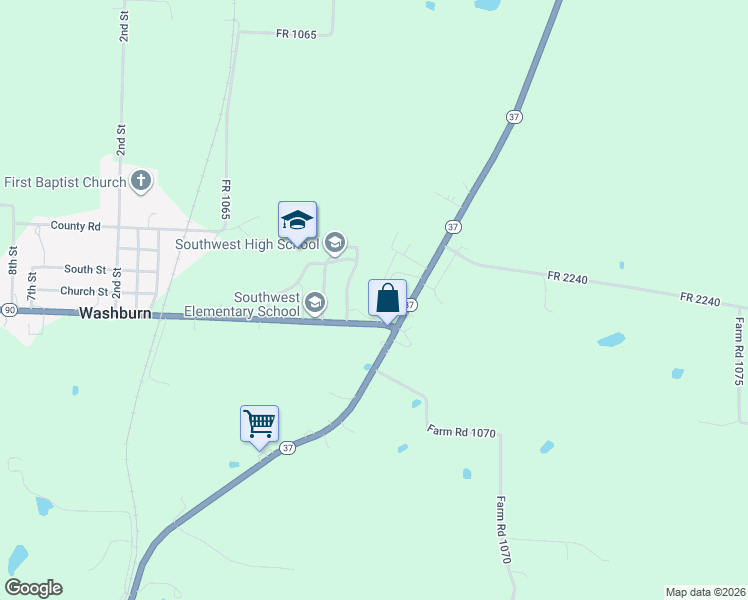 map of restaurants, bars, coffee shops, grocery stores, and more near 131 Elm Street in Washburn