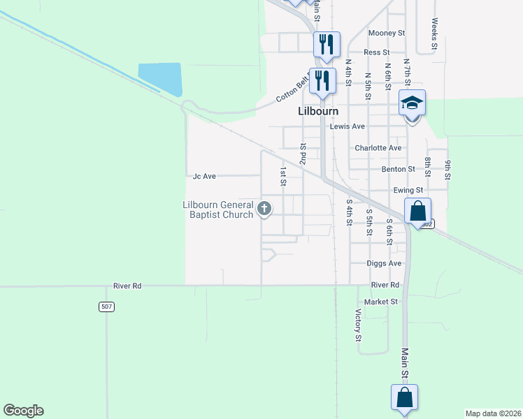 map of restaurants, bars, coffee shops, grocery stores, and more near Baehr Road in Lilbourn
