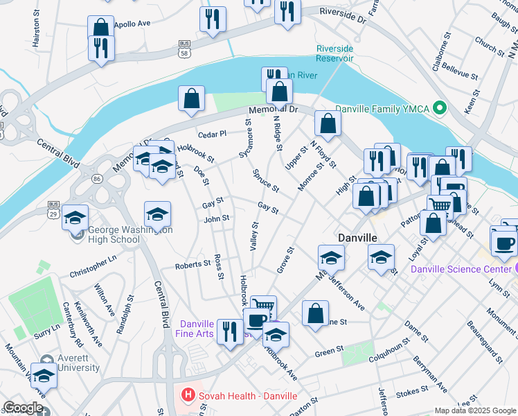 map of restaurants, bars, coffee shops, grocery stores, and more near 437 Gay Street in Danville