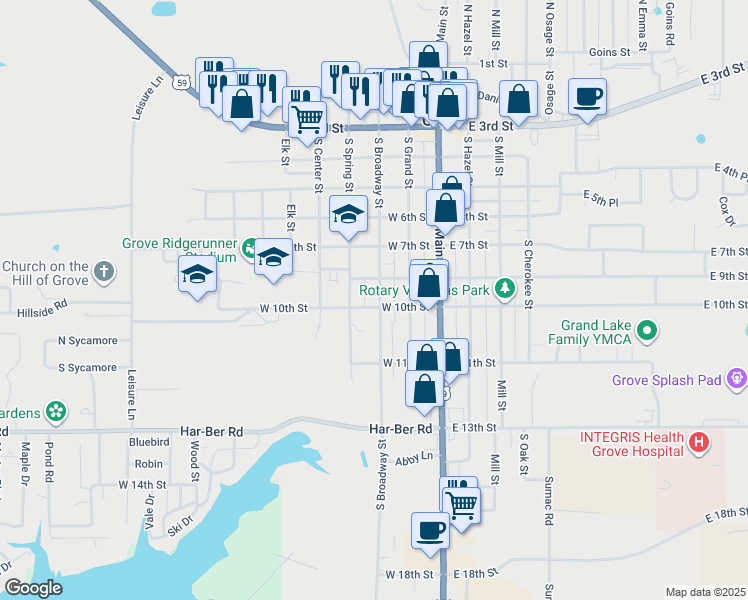map of restaurants, bars, coffee shops, grocery stores, and more near 916 South Broadway Street in Grove