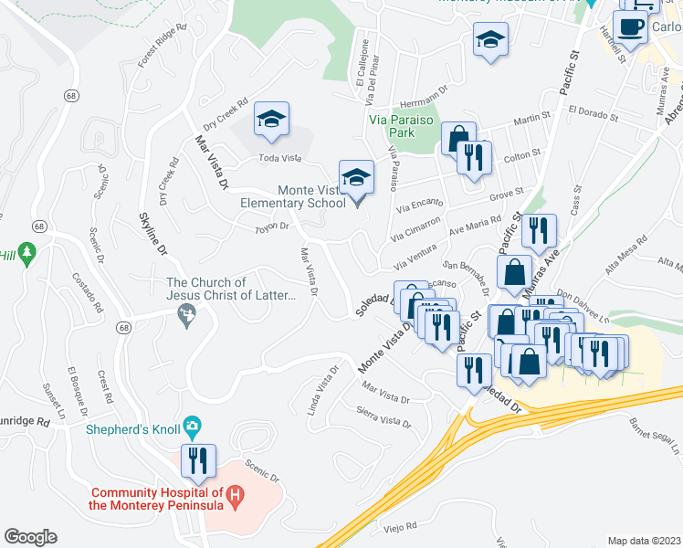 map of restaurants, bars, coffee shops, grocery stores, and more near 222 Soledad Drive in Monterey
