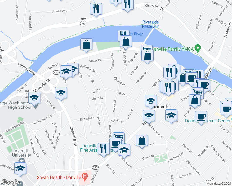 map of restaurants, bars, coffee shops, grocery stores, and more near 503 Gay Street in Danville