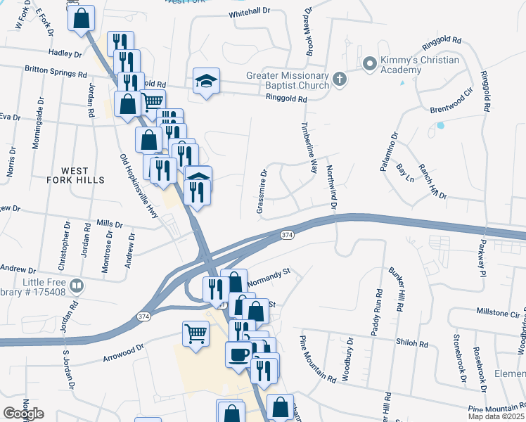 map of restaurants, bars, coffee shops, grocery stores, and more near 212 Grassmire Drive in Clarksville