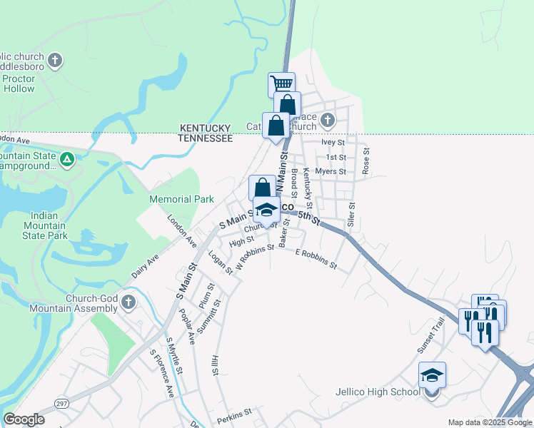 map of restaurants, bars, coffee shops, grocery stores, and more near in Jellico