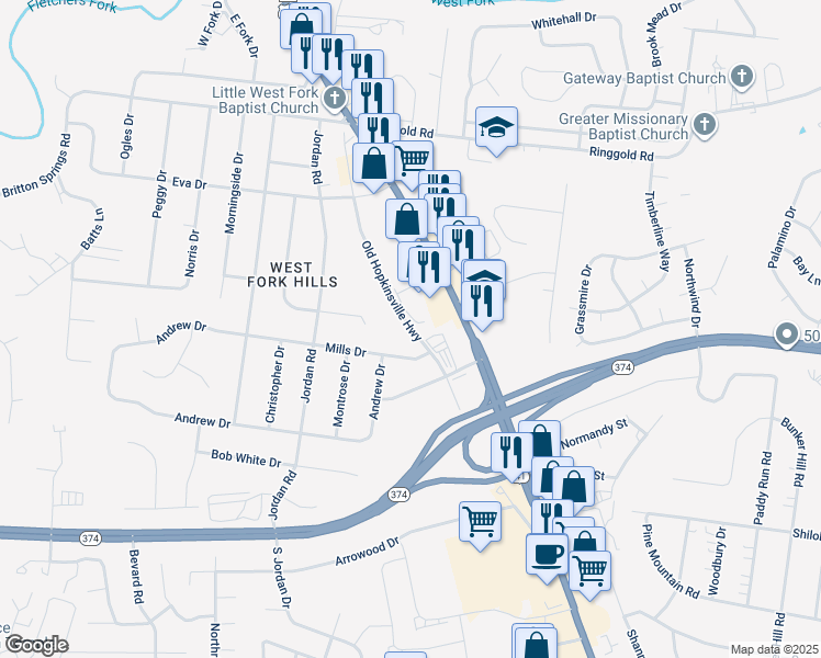 map of restaurants, bars, coffee shops, grocery stores, and more near Old Hopkinsville Highway in Clarksville