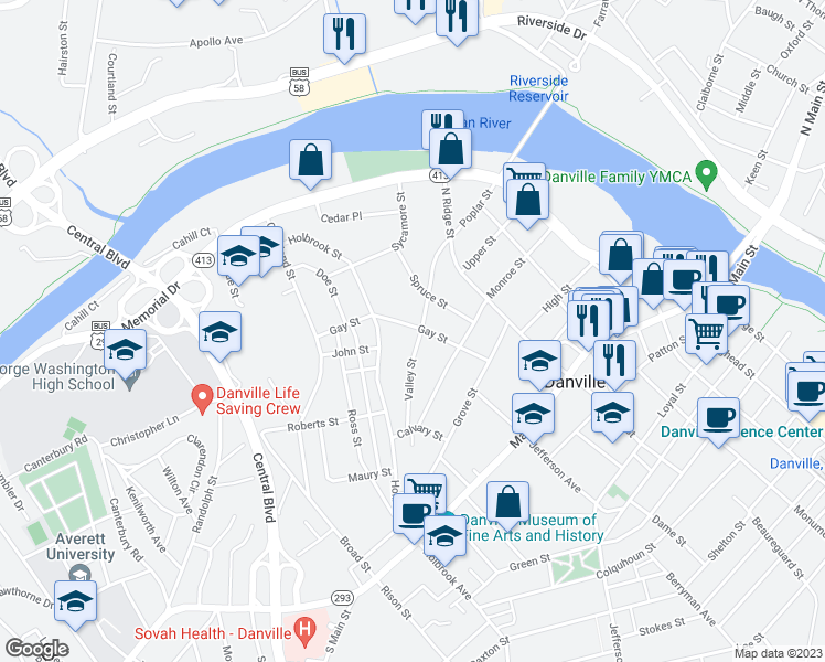map of restaurants, bars, coffee shops, grocery stores, and more near 505 Gay Street in Danville