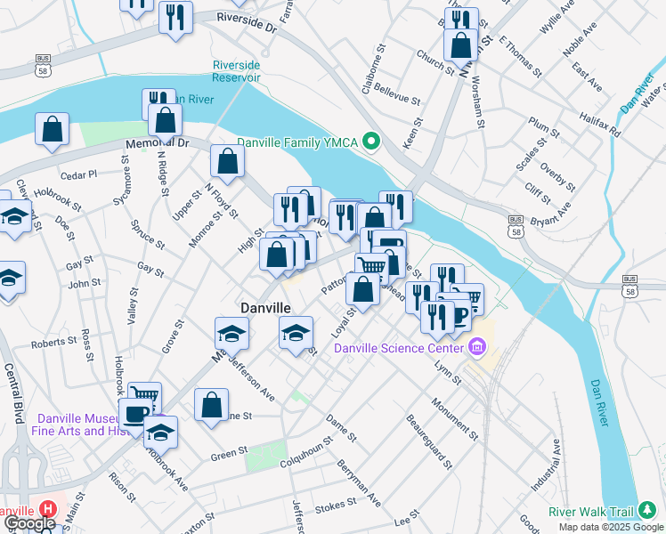 map of restaurants, bars, coffee shops, grocery stores, and more near 409 Main Street in Danville