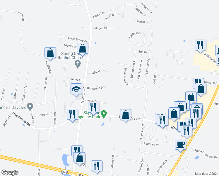 map of restaurants, bars, coffee shops, grocery stores, and more near 302 Barkwood Drive in Clarksville