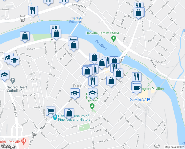 map of restaurants, bars, coffee shops, grocery stores, and more near 409 Main Street in Danville