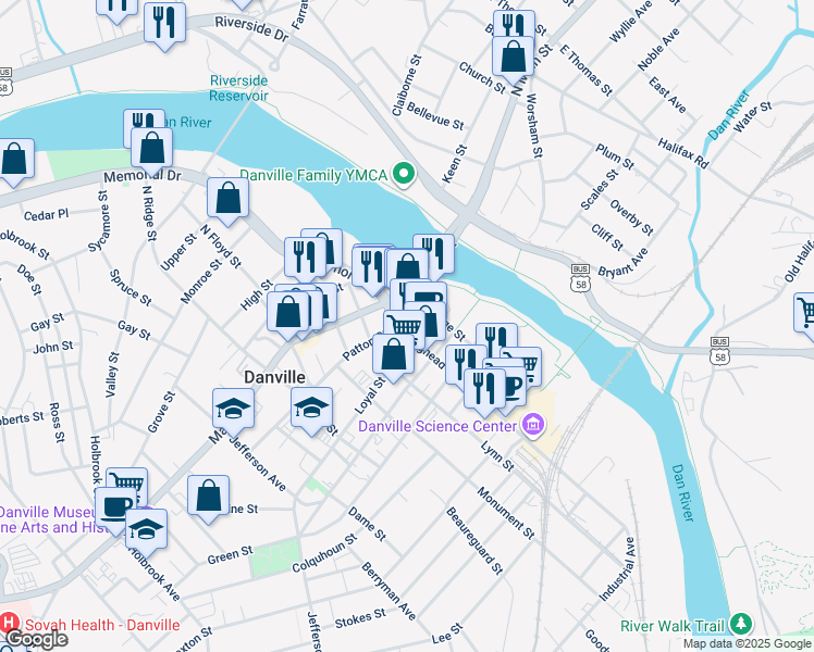 map of restaurants, bars, coffee shops, grocery stores, and more near 231 Memorial Drive in Danville