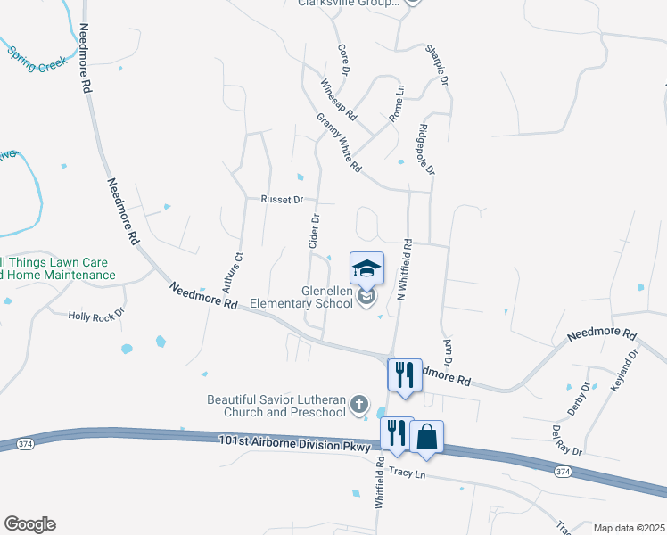 map of restaurants, bars, coffee shops, grocery stores, and more near 2565 Centerstone Circle in Clarksville