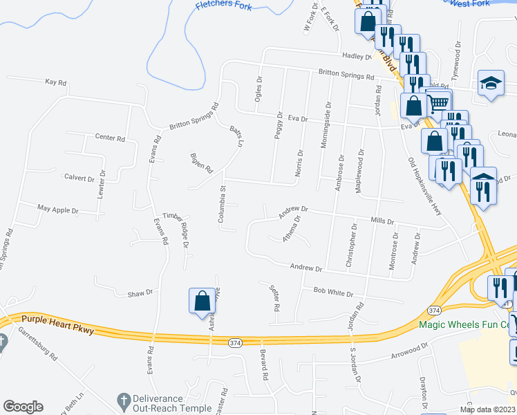 map of restaurants, bars, coffee shops, grocery stores, and more near 394 Paris Drive in Clarksville