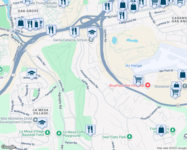 map of restaurants, bars, coffee shops, grocery stores, and more near 95 Montsalas Drive in Monterey