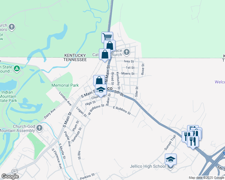 map of restaurants, bars, coffee shops, grocery stores, and more near 128 Broad Street in Jellico