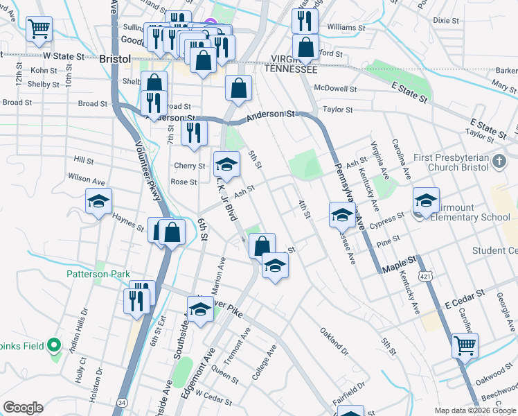 map of restaurants, bars, coffee shops, grocery stores, and more near 612 Alabama Street in Bristol