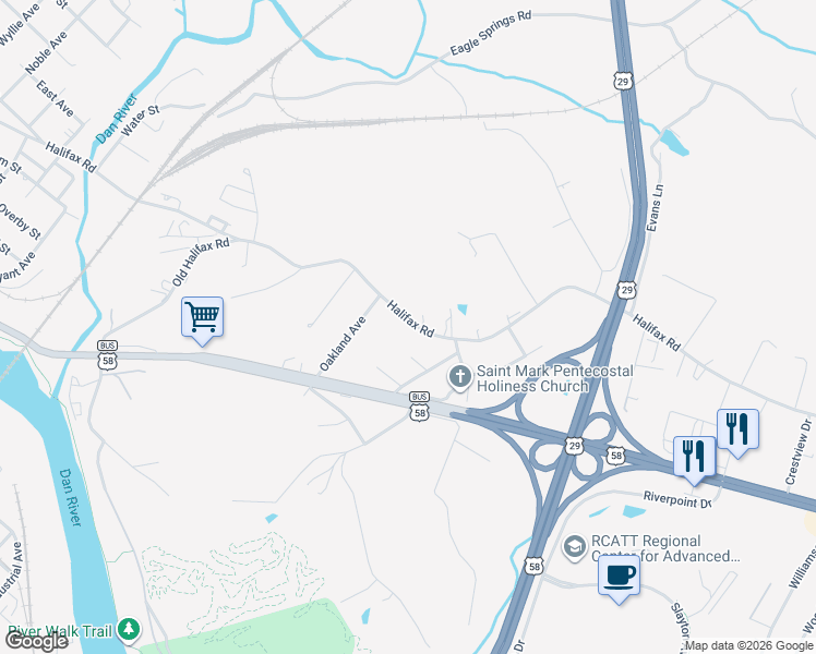 map of restaurants, bars, coffee shops, grocery stores, and more near 1062 Halifax Road in Danville