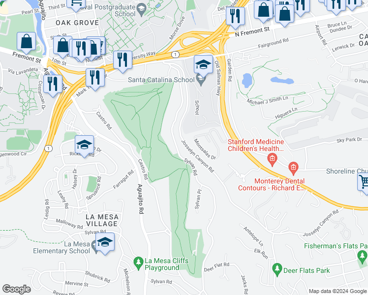map of restaurants, bars, coffee shops, grocery stores, and more near 1176 Josselyn Canyon Road in Monterey