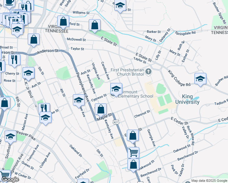 map of restaurants, bars, coffee shops, grocery stores, and more near 500 Cypress Street in Bristol