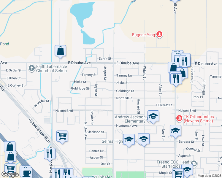 map of restaurants, bars, coffee shops, grocery stores, and more near 2508 Goldridge Street in Selma