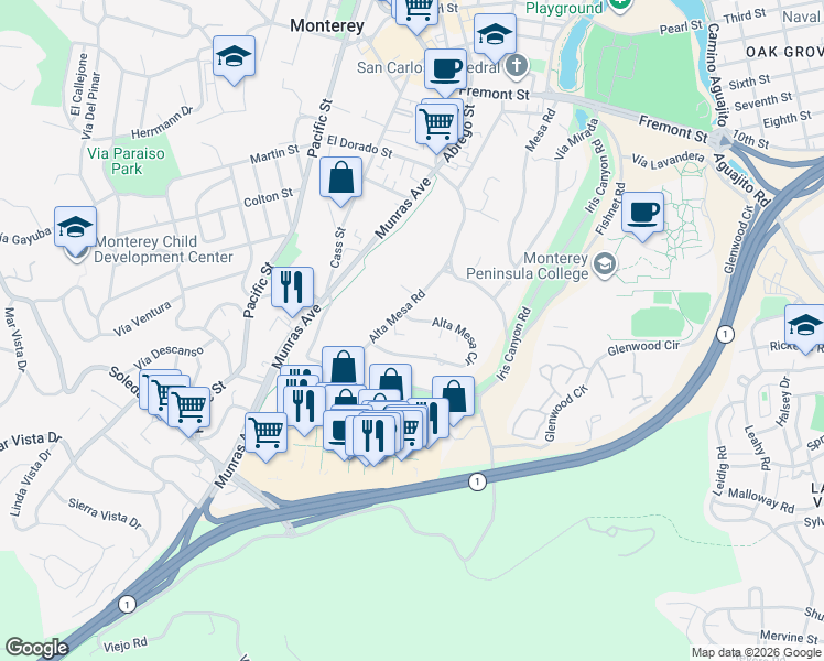 map of restaurants, bars, coffee shops, grocery stores, and more near 2 Alta Mesa Circle in Monterey
