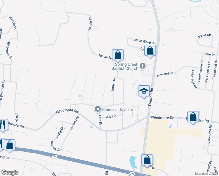 map of restaurants, bars, coffee shops, grocery stores, and more near 2837 Thrush Drive in Clarksville