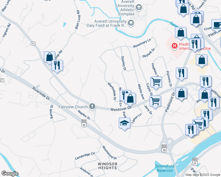 map of restaurants, bars, coffee shops, grocery stores, and more near 167 Martindale Drive in Danville