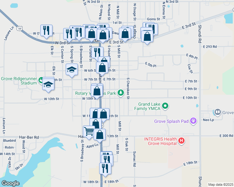 map of restaurants, bars, coffee shops, grocery stores, and more near 900 South Mill Street in Grove