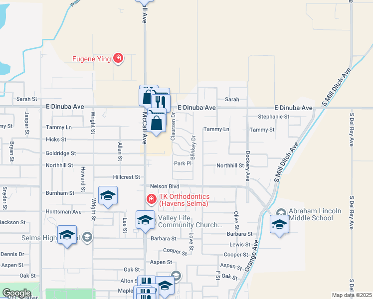 map of restaurants, bars, coffee shops, grocery stores, and more near 1701 East Dinuba Avenue in Selma