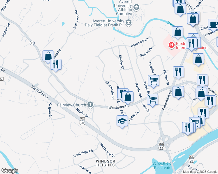 map of restaurants, bars, coffee shops, grocery stores, and more near 167 Martindale Drive in Danville