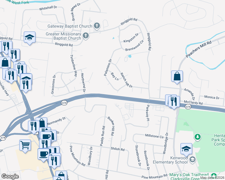 map of restaurants, bars, coffee shops, grocery stores, and more near 1806 Palamino Drive in Clarksville
