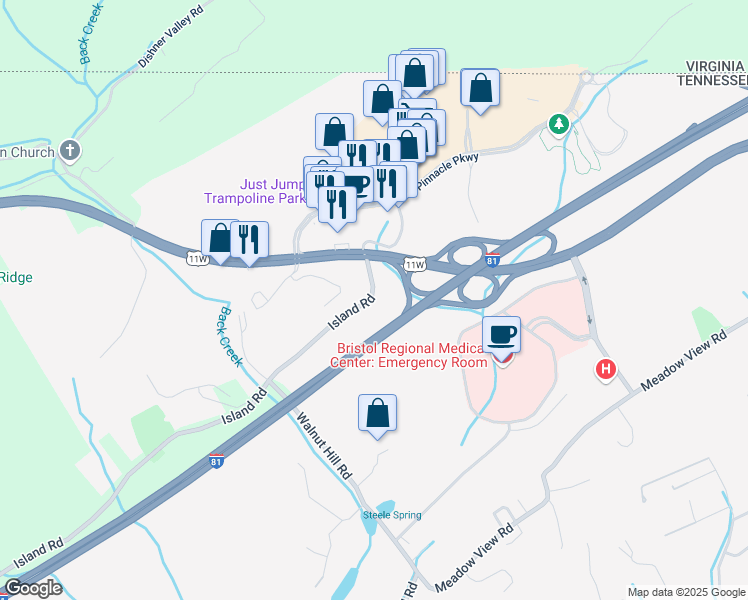 map of restaurants, bars, coffee shops, grocery stores, and more near 1328 Lee Highway in Bristol