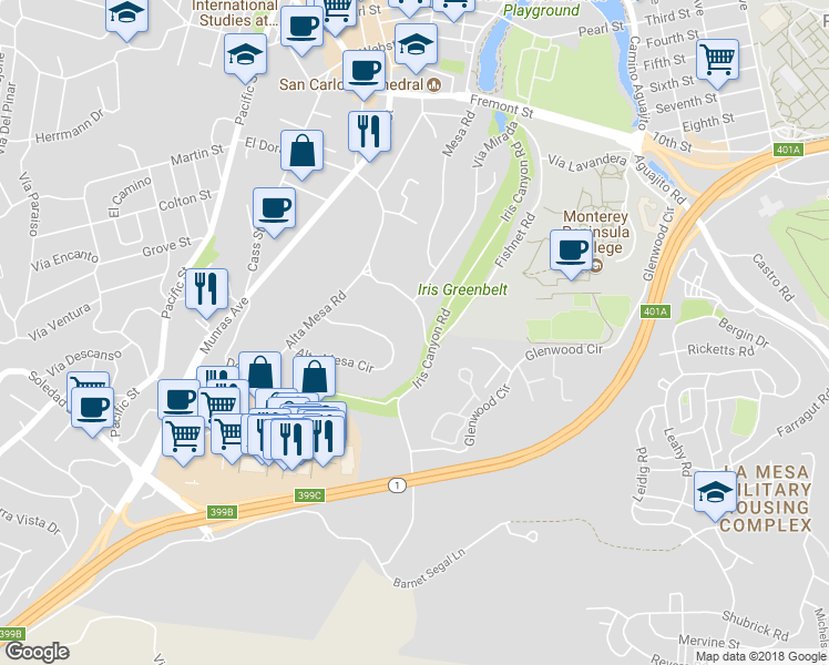 map of restaurants, bars, coffee shops, grocery stores, and more near 680 El Dorado Street in Monterey