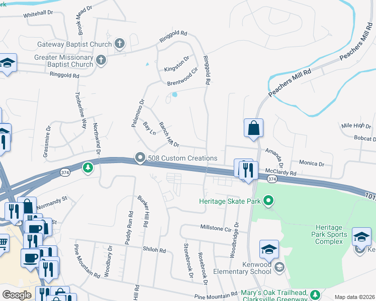 map of restaurants, bars, coffee shops, grocery stores, and more near 1807 Pinto Court in Clarksville