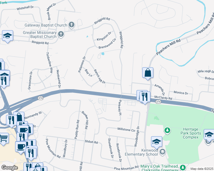 map of restaurants, bars, coffee shops, grocery stores, and more near 1807 Pinto Court in Clarksville