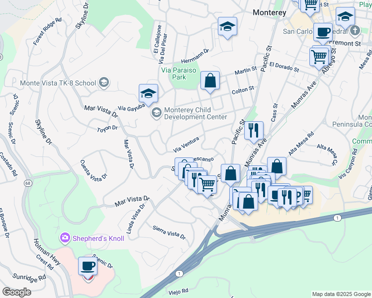 map of restaurants, bars, coffee shops, grocery stores, and more near 61 Vía Ventura in Monterey