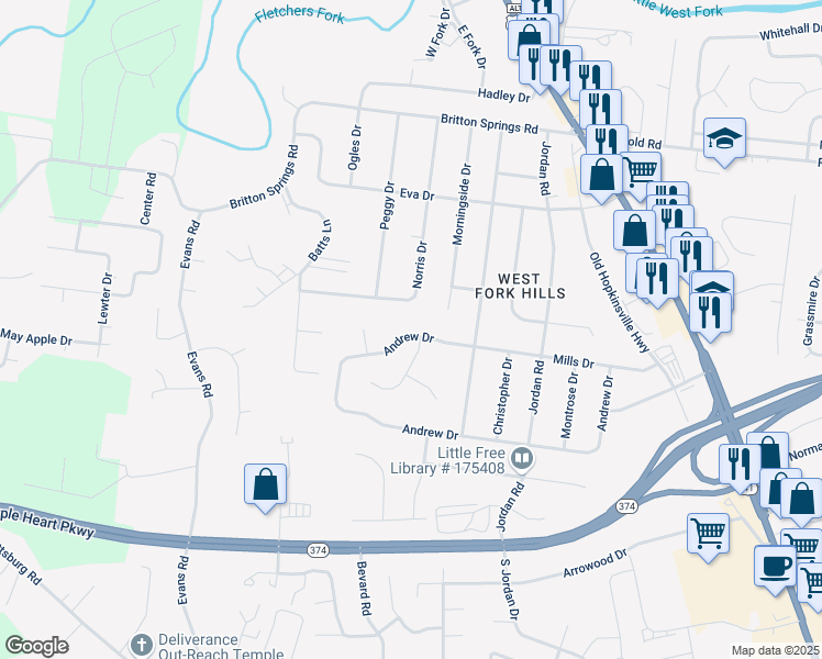 map of restaurants, bars, coffee shops, grocery stores, and more near 384 Andrew Drive in Clarksville