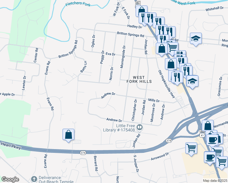map of restaurants, bars, coffee shops, grocery stores, and more near 384 Andrew Drive in Clarksville