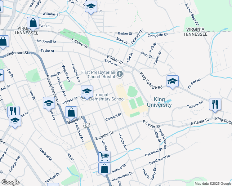 map of restaurants, bars, coffee shops, grocery stores, and more near 901 Florida Avenue in Bristol