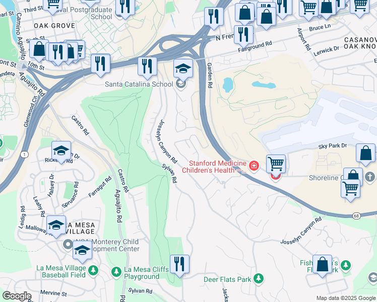 map of restaurants, bars, coffee shops, grocery stores, and more near 89 Montsalas Drive in Monterey