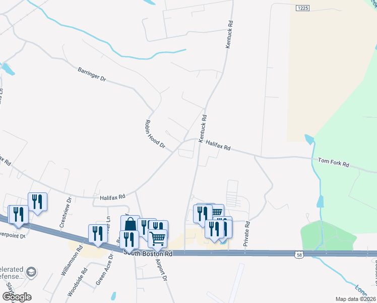 map of restaurants, bars, coffee shops, grocery stores, and more near 1927 Halifax Road in Danville