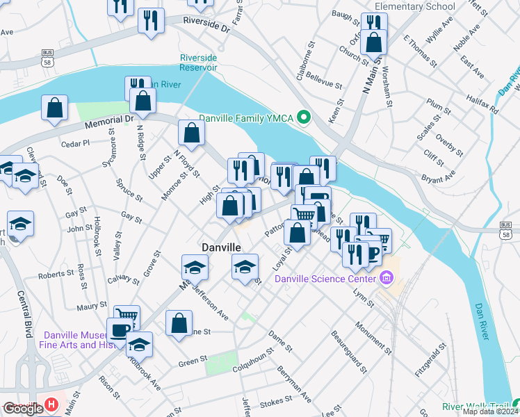 map of restaurants, bars, coffee shops, grocery stores, and more near 410 Main Street in Danville