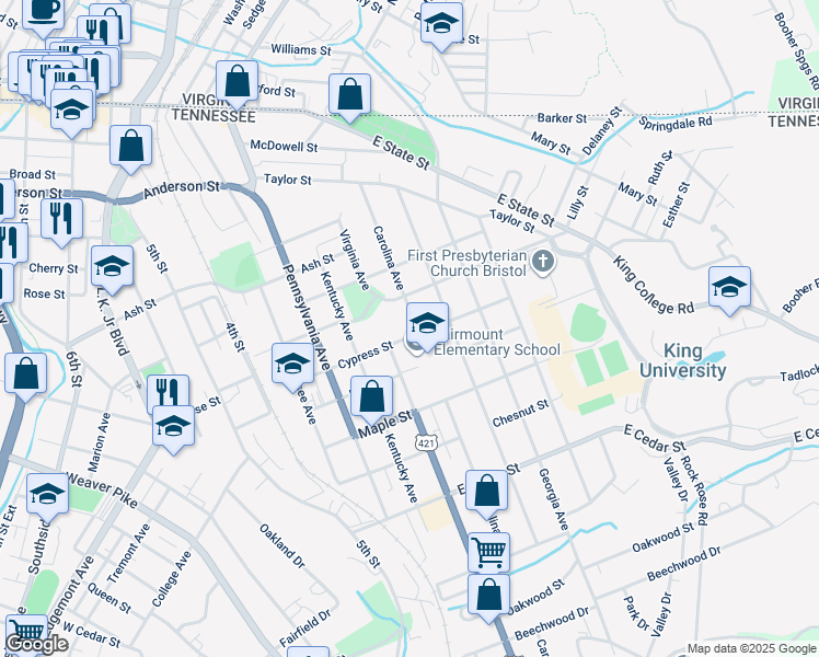 map of restaurants, bars, coffee shops, grocery stores, and more near 723 Carolina Avenue in Bristol