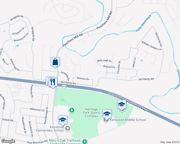 map of restaurants, bars, coffee shops, grocery stores, and more near 1317 Jared Ray Drive in Clarksville