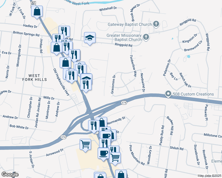 map of restaurants, bars, coffee shops, grocery stores, and more near 212 Grassmire Drive in Clarksville